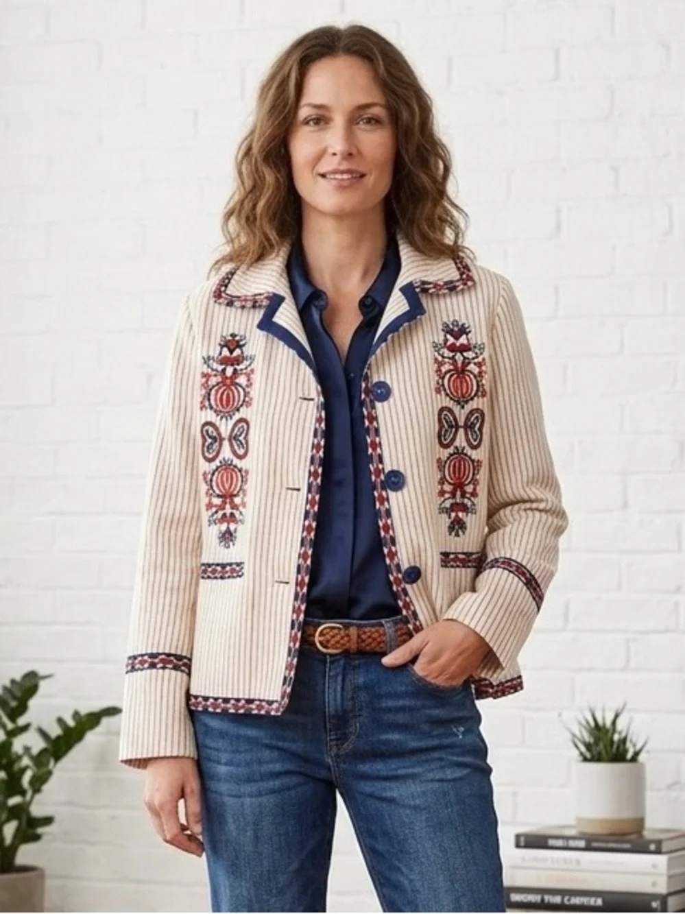 Max Studio London Natalie Embroidered Blazer Jacket L Large Cream Red Boho Folk - Picture 2 of 13